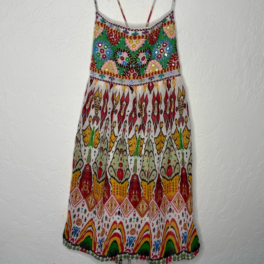 Zara Women M Embroidered Print Mini Dress Strappy Boho Festival Halter Open Back